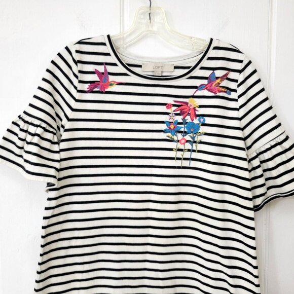 Loft Striped T Shirt with Embroidered Hummingbirds and Ruffled Short Sleeves - Picture 2 of 5